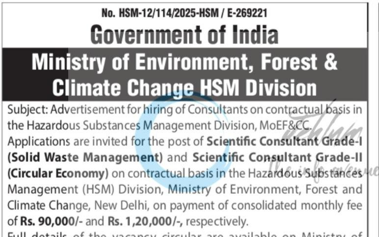 Ministry of Environment Forest and Climate Change HSM Division New Delhi Scientific Consultant Grade I II opportunities 2026
