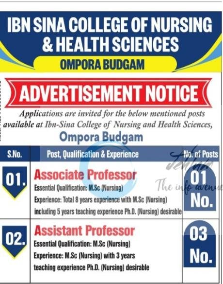 Ibn Sina College of Nursing and Health Sciences Budgam teaching opportunities 2026