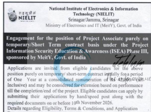 National Institute of Electronics and Information Technology NIELIT Srinagar Jammu Project Associate ISEA Phase III opportunities 2026