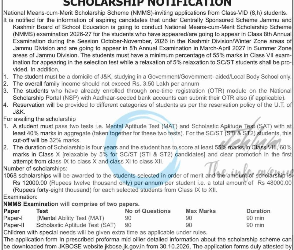 The Jammu and Kashmir Board of School Education JKBOSE NMMS Scholarship opportunities 2026