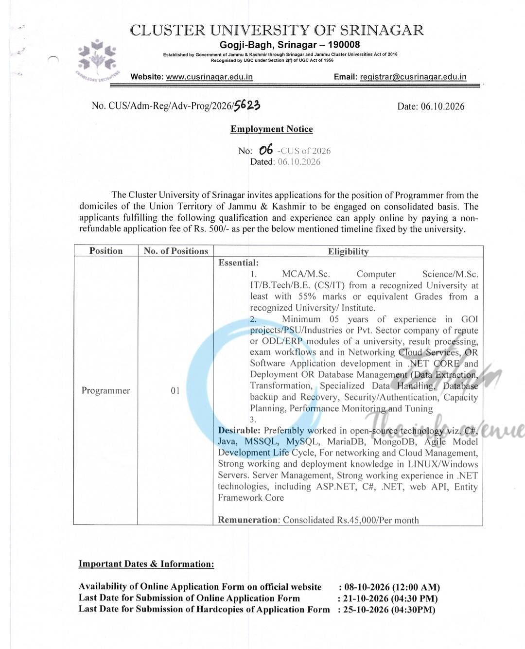 Cluster University of Srinagar Programmer Recruitment Advertisement Notice 06 - CUS of 2026